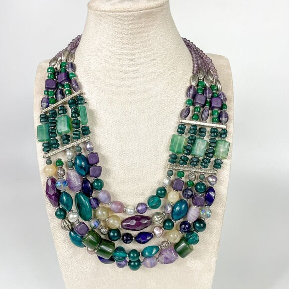 Chicos Multistrand Green Purple Teal Necklace Bracelet Chunky Statement Mermaid - Picture 3 of 7